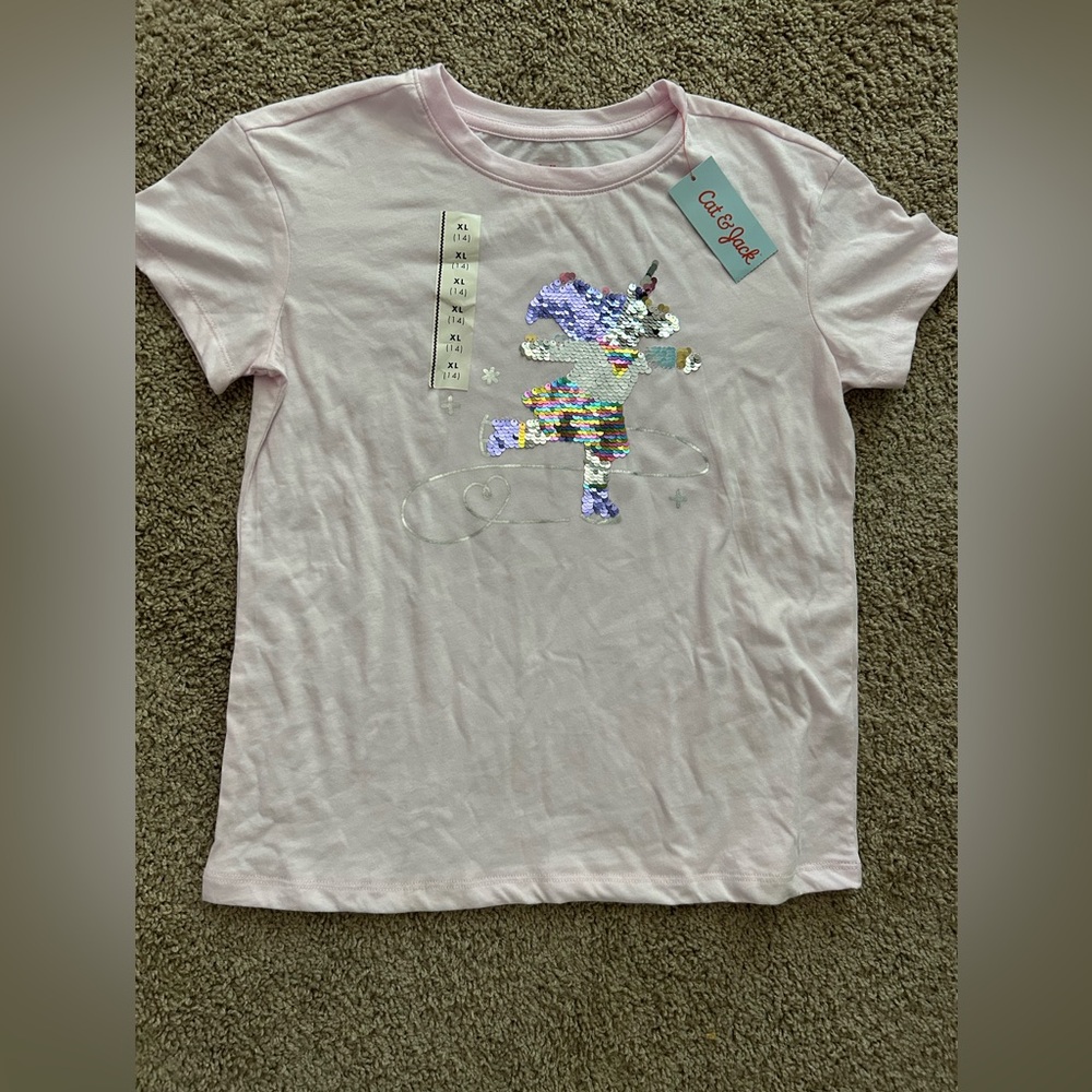 Cat & Jack Pink Short Sleeve Tee Classic Crew Neck with Unicorn Design